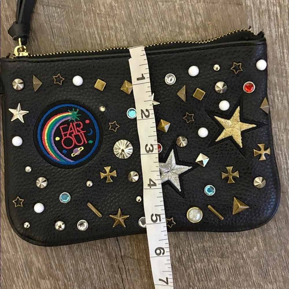 Steve Madden Far Out Space Studded Star Patch Rainbow Rhinestone Black Wristlet